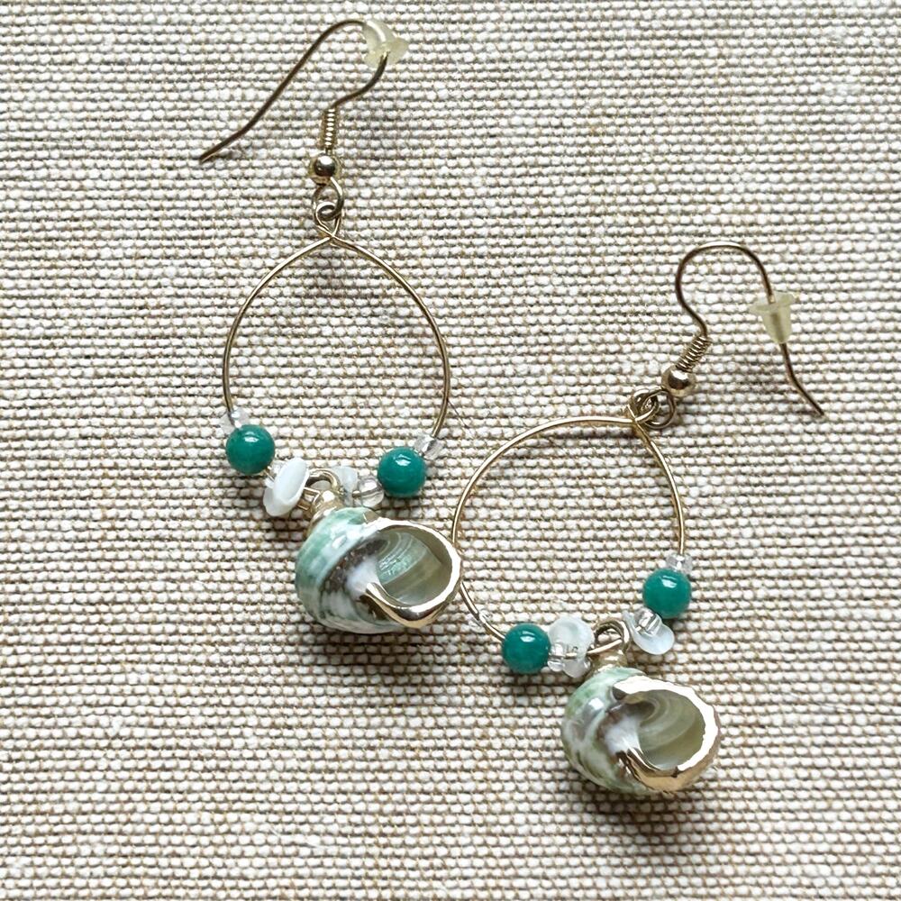 Green Seashell Dangle Earrings with Gold Tone Accents
